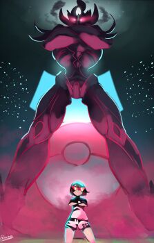  1girl brown_hair cloud commentary crossed_arms dynamax english_commentary gen_8_pokemon gigantamax gigantamax_grimmsnarl gloria_(pokemon) glowing glowing_eyes grimmsnarl gunbuster_pose highres legs_apart nintendo pinepizza poke_ball poke_ball_(basic) poke_ball_theme pokemon pokemon_(creature) pokemon_swsh red-tinted_eyewear shirt short_hair shorts standing sunglasses tengen_toppa_gurren_lagann tinted_eyewear 