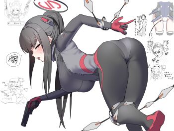  !? 1boy 5girls absurdres anger_vein aris_(blue_archive) aris_(mecha_suit)_(blue_archive) arrow_(symbol) ass black_bodysuit black_hair black_halo blue_archive blunt_bangs bodysuit bound bound_leg bound_wrists breasts closed_mouth colombia_pose_(meme) commentary_request dadada_(hukutsu_bot_) doodle_sensei_(blue_archive) dual_wielding gun hair_between_eyes hair_ornament halo handgun head-mounted_display highres himari_(blue_archive) himari_(bodysuit)_(blue_archive) holding holding_gun holding_weapon hover_bike impossible_bodysuit impossible_clothes kei_(blue_archive) large_breasts latex latex_bodysuit leotard long_hair looking_at_viewer lower_body m1911 mecha_musume meme meme_request motor_vehicle motorcycle multicolored_halo multiple_girls official_alternate_costume official_alternate_hairstyle on_motorcycle open_mouth ponytail red_eyes restrained ringed_eyes rio_(blue_archive) rio_(bodysuit)_(blue_archive) sensei_(blue_archive) showgirl_skirt simple_background sitting skin_tight smile solo_focus spoken_squiggle squiggle standing sweat toki_(blue_archive) toki_(bodysuit)_(blue_archive) translation_request two-tone_halo very_long_hair weapon white_background 