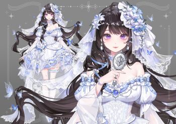  1girl animated asymmetrical_legwear bead_bracelet beads blue_bow blue_butterfly blue_flower bow bracelet breasts bridal_veil bride brown_hair bug butterfly cleavage closed_mouth commentary commission cowboy_shot dot_nose dress eyelashes flower frilled_thighhighs frills full_body grey_background hair_brush hair_flower hair_ornament happy hashtag-only_commentary highres holding holding_hair_brush insect jewelry juliet_sleeves kneehighs knees lace-trimmed_veil lace_trim large_breasts light_blush lily_(flower) lipstick live2d long_hair long_sleeves looking_at_viewer makeup multiple_views original pendant_earring picture_frame pink_lips pleated_sleeves puffy_sleeves purple_eyes reference_sheet ribbon-trimmed_thighhighs ribbon_trim see-through_clothes see-through_sleeves see-through_socks see-through_thighhighs shanwenyufan shoes short_dress single_sock single_thighhigh sleeve_bow smile socks standing straight-on thighhighs train_(clothing) veil very_long_hair virtual_youtuber wavy_hair wedding_dress white_dress white_flower white_shoes white_socks white_veil wide_sleeves 