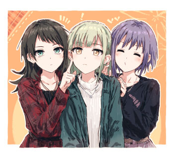 3girls aqua_eyes bad_id bad_twitter_id bang_dream! bang_dream!_it's_mygo!!!!! black_hair black_shirt border chain chain_necklace closed_mouth collarbone collared_dress dress finger_to_another's_cheek green_hair green_jacket highres jacket jewelry light_frown long_sleeves looking_at_viewer multiple_girls necklace o3o open_clothes open_jacket orange_background plaid_clothes plaid_dress puckered_lips purple_hair red_dress shirt simple_background sweater turtleneck turtleneck_sweater upper_body wakaba_mutsumi white_border white_sweater yahata_umiri yellow_eyes yukitake_(bullfalk) yuutenji_nyamu 