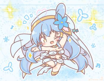  1girl ;d ahoge arm_up bare_shoulders blue_flower blue_hair breasts brown_eyes chibi cleavage colored_shadow commentary_request dancer eighth_note flower gradient_hair heart heart_ahoge highres hololive large_breasts long_hair mitarashi_neko multicolored_hair musical_note notice_lines o-ring o-ring_top one_eye_closed open_mouth shadow smile solo sparkle standing standing_on_one_leg streaked_hair veil very_long_hair virtual_youtuber yukihana_lamy 