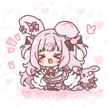  >_< 1girl :d animal_ears bandages black_bow black_shoes bow chibi closed_eyes colored_shadow commentary_request commission copyright_request detached_sleeves facing_viewer hair_bow hair_ornament heart heart_background highres long_hair long_sleeves mitarashi_neko open_mouth pink_hair puffy_long_sleeves puffy_sleeves purple_skirt rabbit_ears rabbit_hair_ornament shadow shirt shoes skeb_commission skirt sleeves_past_fingers sleeves_past_wrists smile socks solo standing stuffed_animal stuffed_rabbit stuffed_toy two_side_up very_long_hair virtual_youtuber white_background white_shirt white_sleeves white_socks x_hair_ornament xd 