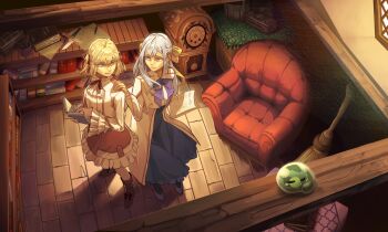  2girls anisphia_wynn_palettia anjuro_zeeku black_ribbon blonde_hair blue_eyes book bow bowtie broom commentary dress english_commentary euphyllia_magenta frilled_sleeves frills hair_bow hair_ribbon hand_on_another's_shoulder highres holding holding_book long_hair medium_hair multiple_girls purple_bow purple_eyes ribbon shirt skirt slime_(creature) teeth tensei_oujo_to_tensai_reijou_no_mahou_kakumei two_side_up white_hair white_shirt yellow_bow  rating:General score:0 user:danbooru