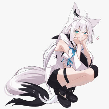  1girl absurdres animal_ears bare_shoulders fox_ears fox_girl fox_tail gosong grey_background hair_between_eyes highres hololive long_hair looking_at_viewer shirakami_fubuki shirakami_fubuki_(1st_costume) simple_background solo tail thighs virtual_youtuber 