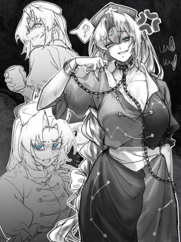  1girl ? anger_vein black_sheep_(artist) blue_eyes breasts chain cleavage commentary constellation_print cross cross_print cuffs dress greyscale hair_intakes hashtag-only_commentary hat highres imperishable_night large_breasts monochrome multiple_views nurse_cap open_mouth print_dress print_hat puffy_short_sleeves puffy_sleeves shackles short_sleeves smile spoken_question_mark spot_color squiggle sweatdrop touhou two-tone_dress yagokoro_eirin 