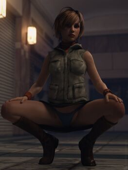  1girl 3d arm_support artist_request boots breasts full_body heather_mason highres jacket legs_apart lips looking_at_viewer medium_breasts panties short_hair silent_hill silent_hill_(series) silent_hill_3 skirt sleeveless sleeveless_turtleneck solo squatting turtleneck underwear vest wristband  rating:Questionable score:47 user:fakyuh