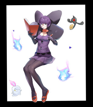  1girl absurdres black_border blunt_bangs bob_cut book border bow breasts buttons cleavage coin_(furs8332) commentary elbow_gloves gen_5_pokemon glasses gloves highres holding holding_book holding_pen large_bow low-cut medium_breasts neck_pillow nintendo pantyhose pen pokemon pokemon_(creature) pokemon_bw purple_eyes purple_hair purple_skirt rimless_eyewear round_eyewear shauntal_(pokemon) short_hair skirt yamask 