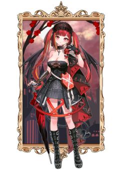 1girl :o absurdres akane_lize alternate_eye_color arm_at_side black_boots black_collar black_dress black_gloves black_headdress blush boots border breasts castle cleavage closed_umbrella collar commentary_request dress elppi flower frills gloves hand_up highres holding holding_umbrella jewelry korean_commentary long_hair looking_at_viewer medium_breasts mole mole_under_eye parted_lips pendant picture_frame planted planted_umbrella platform_boots red_eyes red_flower red_hair red_rose rose short_dress slit_pupils solo stellive strapless strapless_dress twintails two-tone_umbrella umbrella virtual_youtuber white_border wispy_bangs