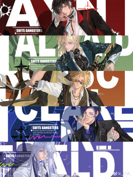  5boys absurdres alcohol alkaid_mcgrath alternate_costume aqua_eyes arm_at_side arm_belt ascot ayn_alwyn black_choker black_hair black_jacket black_ribbon black_shirt black_vest blonde_hair blood blood_on_hands blue_ascot blue_background blue_eyes blue_gem blue_hair border brooch brown_vest bullet_hole buttoned_cuffs buttons cael_anselm cane center_frills chain chain_necklace character_name chest_harness chinese_commentary choker clarence_clayden closed_mouth collared_shirt column_lineup commentary_request contrast_lapels crosshair cuff_links cuffs cup curtained_hair drinking_glass earrings english_text flame_print formal_clothes frills gem glasses green_background green_eyes green_jacket grin gun hair_between_eyes hand_up handcuff_dangle handcuffs harness head_rest highres holding holding_cane holding_cup holding_gun holding_handcuffs holding_jacket holding_unworn_clothes holding_weapon jacket jacket_on_shoulders jewelry lace lace-trimmed_shirt lace_trim lapels lars_rorschach letterboxed lips long_hair long_hair_between_eyes long_sleeves looking_at_viewer lovebrush_chronicles male_focus medium_hair mole mole_under_eye multiple_boys neck_ribbon necklace notched_lapels o-ring o-ring_choker one_eye_closed open_clothes open_collar open_jacket orange-tinted_eyewear orange_background parted_bangs partially_unbuttoned pectoral_cleavage pectorals pinstripe_jacket pinstripe_pattern pinstripe_suit platinalsh plunging_neckline pointing pointing_at_viewer print_jacket purple_background purple_eyes purple_shirt purple_vest red_background red_eyes red_jacket red_wine ribbon rifle scarf semi-rimless_eyewear shadow shirt short_hair sideways_glance simple_background sleeves_rolled_up smile sniper_rifle solo sparkle star_brooch stole suit suit_jacket sunglasses tassel tassel_earrings tinted_eyewear two-sided_fabric two-sided_jacket under-rim_eyewear undershirt unworn_jacket upper_body very_long_hair vest watermark weapon weibo_watermark white_border white_hair white_jacket white_ribbon white_scarf white_shirt wine wine_glass wingtip_collar yellow_jacket 