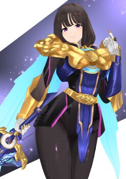  1girl armor belt bodysuit brown_hair fillipatch holding holding_weapon ichikawa_sumino no.1_sentai_gozyuger no_headwear purple_eyes ryo_tegasword super_sentai sword weapon  rating:General score:1 user:calum1998