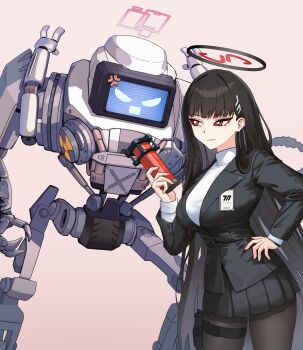  1girl absurdres black_hair black_jacket black_pantyhose black_skirt blazer blue_archive breasts commentary english_commentary hair_ornament hairclip halo hand_on_own_hip highres holster jacket kei_(amas)_(blue_archive) large_breasts long_hair pantyhose parody pleated_skirt rake_autumn red_eyes ringed_eyes rio_(blue_archive) robocop robocop_2 robot skirt smile sweater thigh_holster turtleneck turtleneck_sweater white_sweater 