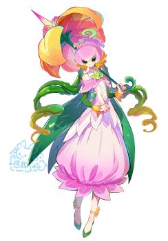  1girl alternate_costume bare_shoulders digimon digimon_(creature) dress fairy full_body green_hair green_sleeves highres holding holding_umbrella lilimon long_hair looking_at_viewer low_twintails monster_girl off-shoulder_dress off_shoulder pink_dress plant_hair simple_background smile solo twintails umbrella very_long_hair white_background youzaiyouzai112  rating:General score:9 user:danbooru