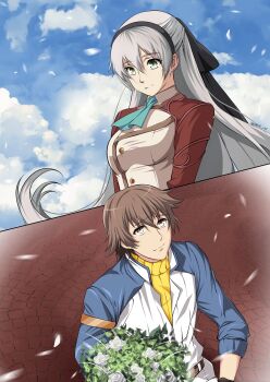  1boy 1girl ao_no_kiseki ascot black_hairband blue_sky brown_gloves brown_hair coat couple dog_tags eiyuu_densetsu elie_macdowell flower gloves green_ascot green_eyes grey_hair hairband half_updo highres lloyd_bannings long_hair mullet short_hair sky spirit_rise white_hair zero_no_kiseki 
