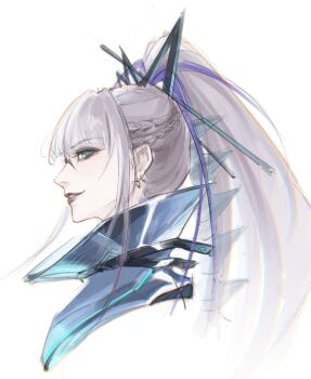  1girl bai_yi_(path_to_nowhere) braid cropped_shoulders earclip from_side green_eyes grey_hair high_collar high_ponytail highres long_hair looking_at_viewer looking_to_the_side mingzi_cmmm official_alternate_costume parted_lips path_to_nowhere ponytail profile sideways_glance simple_background smile solo white_background 