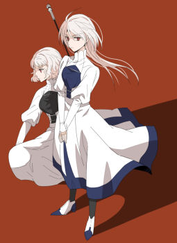  2girls bad_id bad_pixiv_id black_boots boots breasts dress fate_(series) framed_breasts juliet_sleeves large_breasts leysritt_(fate) long_dress long_hair long_sleeves multiple_girls pantyhose puffy_sleeves red_eyes sella_(fate) short_hair suzuko_(star8383) wavy_hair white_hair 