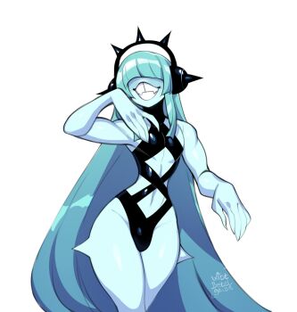  1boy 2024 androgynous arm_up arms_up artist_name black_one-piece_swimsuit blue_hair bulge commentary cowboy_shot criss-cross_straps curvy english_commentary facing_viewer fingernails grin hair_over_eyes headphones highres kitt_betelgeuse long_hair long_sleeves male_focus one-piece_swimsuit open_mouth original pectorals puffy_long_sleeves puffy_sleeves see-through_clothes sharp_fingernails sidelocks simple_background smile solo straight_hair swimsuit thick_thighs thighs very_long_hair vivian_beat_(kitt_betelgeuse) white_background 