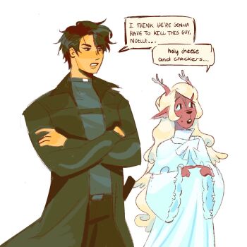  1boy 1girl animal_ears antlers black_coat black_eyes black_hair black_vs_white blonde_hair bright_pupils capelet chest_belt coat commentary crossed_arms crossover deer_antlers deer_ears deer_girl deltarune english_commentary english_text faitokie furry furry_female grey_shirt highres horns i_think_we're_gonna_have_to_kill_this_guy_steven_(meme) index_fingers_together long_hair long_sleeves meme noelle_holiday noelle_holiday_(dark_world) omniscient_reader's_viewpoint open_mouth robe shirt short_hair utdr_(toby_fox) very_long_hair very_short_hair white_capelet white_pupils white_robe wide_sleeves yoo_joonghyuk 