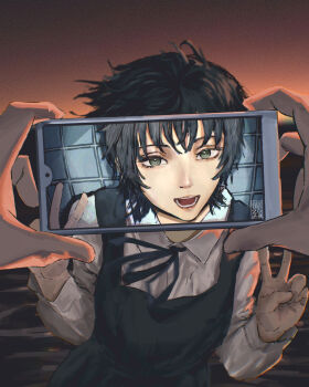  1girl 1other 2023 absurdres black_dress black_hair cellphone commentary_request different_viewfinder double_v dress eri_(sayonara_eri) film_grain green_eyes highres holding holding_phone neck_ribbon open_mouth phone pinafore_dress pov pov_hands ribbon sayonara_eri shirt short_hair signature sleeveless sleeveless_dress smartphone smile taorotana upper_body v white_shirt 