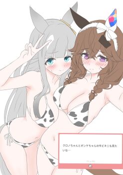  2girls alternate_costume animal_ears animal_print bikini blue_eyes blush breasts chrono_genesis_(umamusume) cleavage closed_mouth commentary_request cow_print cow_print_bikini curren_bouquetd'or_(umamusume) grey_hair highres horse_ears horse_tail long_hair medium_breasts multiple_girls navel print_bikini purple_eyes selfie smile sweatdrop swimsuit tail translation_request tsumu618 umamusume v white_background 