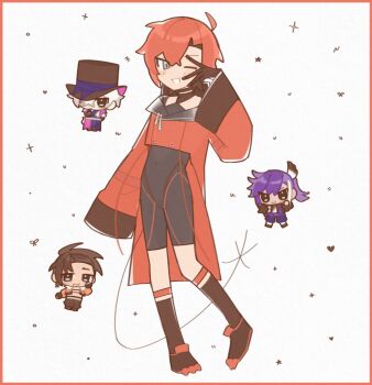  4boys ahoge banzoin_hakka black_bodysuit black_gloves bodysuit brown_hair chibi full_body gavis_bettel gloves hashtag-only_commentary hat heart highres holostars holostars_english jacket josuiji_shinri llv49 machina_x_flayon male_focus multiple_boys one_eye_closed open_mouth purple_hair red_hair red_jacket short_hair shorts simple_background sparkle top_hat v virtual_youtuber white_background white_hair 