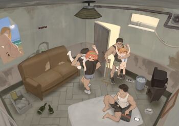  2girls 3boys absurdres bar_censor bkbbkbkk bottle camera_feed carrying carrying_over_shoulder carrying_person cellphone censored chaos_(yui_yuu) commentary couch english_commentary fireman's_carry highres lifting_person loli mattress multiple_boys multiple_girls muscular no_panties original phone pussy rope shoes short_hair single_shoe 