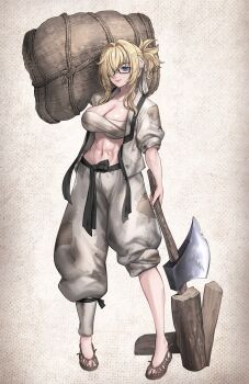  1girl alternate_costume axe blonde_hair blue_eyes breasts budget_sarashi carrying_over_shoulder chest_sarashi cleavage closed_mouth collarbone commentary_request dirty dirty_clothes full_body glasses goddess_of_victory:_nikke grave_(beautiful_you)_(nikke) grave_(nikke) hair_between_eyes hair_over_one_eye headband highres holding holding_axe korean_clothes korean_commentary large_breasts log long_hair looking_at_viewer midriff multiple_scars navel open_clothes open_shirt pants pants_rolled_up patchwork_clothes ponytail sarashi scar scar_on_stomach shirt short_ponytail sidelocks sleeves_rolled_up smile solo standing trhisell white_headband white_pants white_shirt 