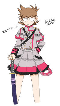  1boy antenna_hair arm_behind_back artist_name black_eyes brown_hair buttons character_name color_connection commentary_request cosplay cropped_legs crossdressing crossdressing_(mtf) double-breasted eddsworld flipped_hair grey_jacket grey_skirt hair_ears highres jacket jitome kanoko_(frow_kanoko) kasane_teto kasane_teto_(cosplay) kasane_teto_(sv) katana long_sleeves looking_at_viewer male_focus red_trim short_hair shoulder_belt shoulder_boards simple_background skirt sleeve_cuffs slit_pupils solo standing striped_clothes striped_jacket striped_skirt sword synthesizer_v toon_(style) tord_(eddsworld) translated utau weapon white_background 