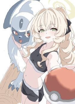  1girl absol armband blonde_hair blue_archive bow breasts commentary_request cowboy_shot gen_3_pokemon green_eyes hair_bow highres kamitosayu light_blush looking_at_viewer navel nintendo open_mouth poke_ball pokemon ponytail professor_niyaniya_(blue_archive) short_shorts shorts small_breasts sports_bra white_armband white_background 