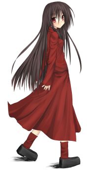  1girl alma_wade black_hair blush dress f.e.a.r. female_focus full_body highres long_hair long_sleeves looking_at_viewer looking_back niboss red_eyes simple_background sleeves_past_wrists solo  rating:Sensitive score:18 user:salarta