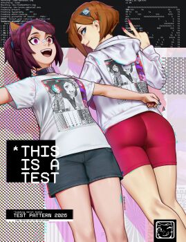  2girls animal_ears ascari_megane_(aurahack) ass asymmetrical_hair aurahack bike_shorts black_collar black_nails blue_eyes breasts brown_hair cat_ears cat_girl catherine_(aurahack) chromatic_aberration collar commentary denim denim_shorts english_commentary hair_ornament hair_over_one_eye hairclip highres hood hoodie kneepits large_breasts multiple_girls nail_polish original ponytail print_hoodie print_shirt product_placement purple_eyes purple_hair red_nails red_shorts shirt short_hair shorts small_breasts t-pose t-shirt v white_hoodie white_shirt 