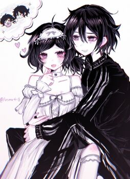  1boy 1girl :d ahoge alternate_eye_color andrew_graves anmo418 ashley_graves bare_shoulders black_hair black_jacket black_pants breasts chinese_commentary choker chromatic_aberration cleavage colored_skin commentary_request double-parted_bangs dress feet_out_of_frame frilled_dress frilled_sleeves frilled_socks frills grin hair_between_eyes hairband heart highres hug jacket knee_up layered_sleeves long_sleeves looking_at_viewer low_side_ponytail medium_hair off-shoulder_dress off_shoulder open_mouth pants pink_eyes ribbon-trimmed_dress ribbon_trim ringed_eyes short_hair short_over_long_sleeves short_sleeves side_ponytail simple_background sitting sitting_on_lap sitting_on_person small_breasts smile socks speech_bubble sweatdrop the_coffin_of_andy_and_leyley thought_bubble tongue track_jacket triple_vertical_stripe turtleneck turtleneck_jacket twitter_username white_background white_choker white_dress white_hairband white_skin zipper 