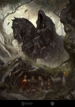  5boys alvaro_jimenez armor black_border black_cloak black_horse border cloak commentary company_name english_commentary fantasy forest frodo_baggins gauntlets glowing_jewelry halfling hiding highres hood hood_up hooded_cloak horse horseback_riding meriadoc_brandybuck multiple_boys nature nazgul peregrin_took riding samwise_gamgee short_hair sword the_lord_of_the_rings the_one_ring title tolkien's_legendarium tree weapon 