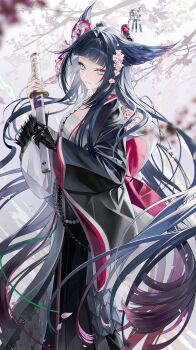  1girl absurdres arknights bird_girl black_gloves black_hair black_kimono blue_eyes chest_sarashi chungla commentary flower gloves gradient_hair hair_flower hair_ornament hair_wings highres holding holding_sword holding_weapon japanese_clothes kanzashi kimono long_hair looking_at_viewer mio_(arknights) multicolored_hair obiage pink_hair sarashi single_glove solo sword two-tone_kimono wakizashi weapon white_kimono 