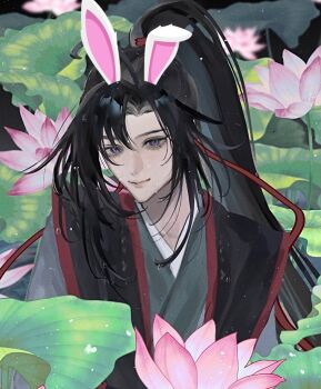  1boy ahoge animal_ears bishounen black_hair black_hanfu chinese_clothes closed_mouth commentary_request eyelashes flower grey_shirt hair_ribbon hanfu high_ponytail kemonomimi_mode leaf light_particles long_hair long_sleeves looking_at_viewer lotus lotus_leaf male_focus modao_zushi official_alternate_costume ojisan_rbt outdoors parted_bangs pink_flower ponytail purple_eyes rabbit_boy rabbit_ears red_ribbon ribbon shirt sidelocks smile solo upper_body water water_drop wei_wuxian wei_wuxian_(yunmeng_clan) wet wet_face wet_hair 
