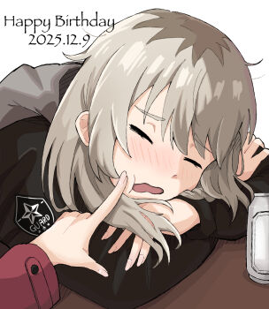  2girls black_jacket blush cheek_poking closed_eyes commentary_request dated girls_band_cry grey_hair happy_birthday highres iseri_nina jacket kawaragi_momoka long_sleeves multicolored_hair multiple_girls open_mouth poking roots_(hair) sagittarius_(cruxhkg) simple_background sleeping white_background 