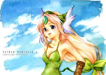  1girl 2003 artist_name bad_id bare_shoulders blonde_hair blue_sky bow breasts cleavage cloud commentary_request copyright_name dated forehead_jewel gem green_bow green_eyes green_gem hair_bow long_hair low-tied_long_hair medium_breasts parted_lips red_lips riesz saikachi_(ogre_tree) seiken_densetsu seiken_densetsu_3 sky smile solo 