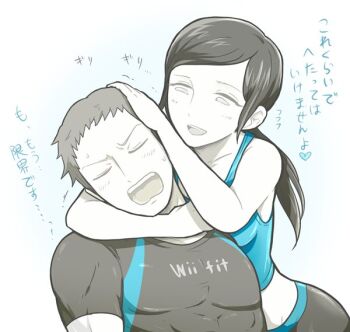  1boy 1girl :d abs arm_around_neck asymmetrical_bangs bare_shoulders black_hair black_pants blue_shirt blush capri_pants check_translation closed_eyes clothes_writing collarbone colored_skin commentary crop_top eyelashes g_tsurius grey_eyes grey_hair grey_shirt grey_skin hair_tie hug hug_from_behind light_blush long_hair low_ponytail midriff mole muscular muscular_female muscular_male nintendo no_pupils open_mouth pants pectorals ponytail shirt short_hair short_sleeves simple_background sleeveless sleeveless_shirt smile spandex spiked_hair super_smash_bros. sweat tank_top teeth translation_request upper_teeth_only white_skin wii_fit wii_fit_trainer_(female) wii_fit_trainer_(male) yoga_pants 