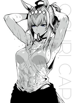  1girl absurdres ahoge alkaid_exec animal_ears armpits arms_up blue_eyes breasts character_name choker closed_mouth covered_abs covered_erect_nipples greyscale hair_tie_in_mouth hairband highres horse_ears horse_girl horse_tail large_breasts long_hair monochrome mouth_hold oguri_cap_(umamusume) ponytail shirt sideboob sidelocks solo spot_color tail tank_top tying_hair umamusume upper_body wet wet_clothes wet_shirt white_background 