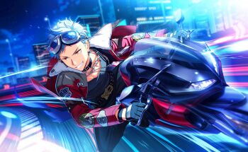  1boy asch_albright black_pants chain chain_necklace earrings gloves goggles goggles_on_head grey_hair grin helios_rising_heroes highres jacket jewelry long_sleeves male_focus motor_vehicle motorcycle necklace night official_art on_motorcycle open_clothes open_jacket orange_eyes pants shirt smile solo teeth 