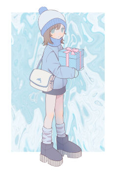  1girl absurdres bag beanie black_boots black_skirt blue_background blue_eyes blue_hat blue_mittens blue_socks boots border box brown_hair brown_jacket full_body gift gift_box hat highres holding holding_box holding_gift jacket long_sleeves looking_at_viewer loose_socks medium_hair mittens original parted_lips platform_boots pm1000 polka_dot pom_pom_(clothes) pom_pom_beanie shoulder_bag skirt sleeves_past_wrists socks solo tenshi_kaiwai track_jacket white_bag white_border winter 