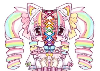  1girl animal_ears avvunka blue_bow bound bound_wrists bow button_hair_ornament cat_ears cat_girl cat_hair_ornament commission corset_piercing decora drill_hair green_bow guro gurokawa hair_ornament highres lolita_fashion long_hair multicolored_hair original pink_bow pink_hair puffy_short_sleeves puffy_sleeves rainbow_hair short_sleeves solo twin_drills twintails yellow_bow 