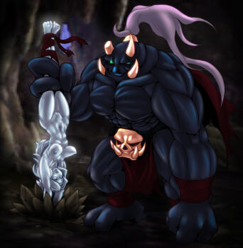 1boy 1girl 2015 amazon_(dragon's_crown) arms_up barefoot bdsm bondage bound bound_legs breasts cleft_of_venus collarbone colored_nipples colored_sclera colored_skin curly_hair curtained_hair dragon's_crown fangs fangs_out feather_hair_ornament feathered_wings green_eyes grey_feathers grey_hair grey_nipples grey_sclera grey_skin grey_tongue groin hair_ornament high_ponytail holding_another's_legs holding_legs horns human_weapon linea_alba long_hair mace monster_boy muscular muscular_male navel ningyoushi no_areolae no_irises no_pupils nude open_mouth parted_bangs perky_breasts petrification ponytail pupiless_eyes purple_hair pussy red_rope rope size_difference solid_eyes spiked_mace spikes statue toned toned_female transformation upside-down weapon wings