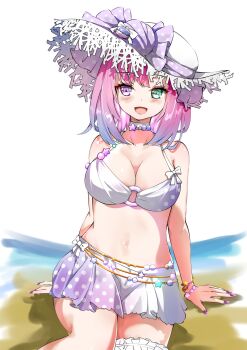  0344 1girl bikini bow bracelet breasts cleavage colored_tips green_eyes hat heterochromia highres himemori_luna himemori_luna_(summer) hololive jewelry miniskirt multicolored_hair o-ring o-ring_bikini open_mouth pink_hair polka_dot polka_dot_skirt purple_eyes purple_hair purple_nails skirt smile solo sun_hat swimsuit virtual_youtuber white_bikini white_bow white_hat white_skirt 