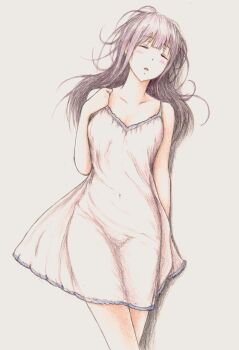  1girl absurdres bare_shoulders bbmasa blush breasts closed_eyes closed_mouth collarbone colored_pencil_(medium) commentary_request gradient_background grey_background groin hand_up hibike!_euphonium highres liz_to_aoi_tori long_hair lying messy_hair nightgown on_back open_mouth purple_hair see-through_clothes see-through_nightgown sleeping small_breasts solo traditional_media yoroizuka_mizore 