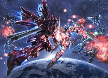  absurdres artbook assault_visor barzam battle beam_cannon beam_rifle blue_visor cable debris delta_plus earth_(planet) earth_federation energy_beam energy_gun energy_sword english_text explosion gaza-d gm_iii gun gundam gundam_perfect_file gundam_unicorn highres hizack hizack_custom in_orbit laser magazine_scan mecha mecha_focus mobile_suit morishita_naochika nebula neo_zeon no_humans painting_(medium) planet realistic regelg robot scan scene_reference science_fiction shield sinanju space sparks star_(sky) sword thrusters traditional_media unicorn_gundam v-fin war weapon zero_gravity zeta_plus 