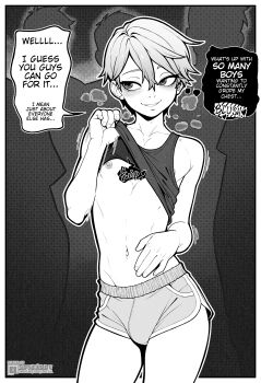  1other 6+boys absurdres blush bulge clothes_lift commentary cowboy_shot english_commentary faceless faceless_male greyscale hand_on_own_stomach high_school_boy highres hong_iltak male_focus monochrome multiple_boys navel nipple_slip nipples out_of_frame shirt_lift short_hair short_shorts shorts sideways_glance silhouette soskibby speech_bubble steam straight-on surrounded tank_top thought_bubble toned trap 