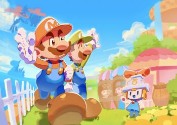  1girl :d arm_at_side arm_up big_nose blue_eyes blue_overalls blue_sky brothers brown_eyes brown_hair brown_shoes clenched_hand cloud connie_(mario) day fence flower foreshortening green_hat hashtag-only_commentary hat highres initial legs_apart long_sleeves luigi mario mario_&amp;_luigi:_brothership mario_&amp;_luigi_rpg mario_(series) monyorun nintendo no_pupils open_mouth outdoors overalls purple_toad_(mario) red_hat red_shirt salute shirt shoes short_hair siblings sideburns sky smile twitter_username walking yellow_flower yellow_toad_(mario) 