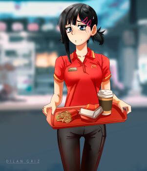  1girl absurdres artist_name black_hair black_pants blue_eyes blurry blurry_background breasts chainsaw_man character_name closed_mouth collared_shirt commentary cowboy_shot cup dilan_griz disposable_cup employee_uniform english_commentary fast_food_uniform food french_fries hair_ornament hairclip higashiyama_kobeni highres holding holding_tray looking_at_viewer mcdonald's medium_breasts mole mole_on_cheek mole_under_eye name_tag pants ponytail red_shirt shirt short_hair short_ponytail short_sleeves single_sidelock solo sweat tray 