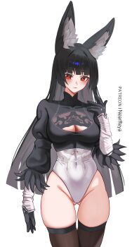 1girl 2b_(nier:automata) 2b_(nier:automata)_(cosplay) absurdres animal_ears artist_name black_gloves black_hair blush brown_thighhighs by_nearreya cleavage_cutout closed_mouth clothing_cutout commentary cosplay covered_navel cowboy_shot english_commentary feather-trimmed_sleeves fox_ears fox_girl gloves gluteal_fold highleg highleg_leotard highres hoshimi_miyabi juliet_sleeves leotard long_hair long_sleeves looking_at_viewer nier:automata nier_(series) patreon_username puffy_sleeves red_eyes simple_background solo thighhighs white_background white_leotard zenless_zone_zero 
