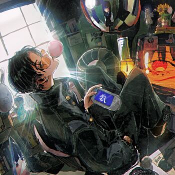  1boy backlighting black_jacket black_pants blowing_bubble_gum bulma chainsaw_man character_request chewing_gum commentary copyright_request doraemon doraemon_(character) dragon_ball earrings electric_fan english_commentary figure flcl frieren hand_in_pocket handheld_game_console highres holding holding_handheld_game_console indoors jacket jewelry jojidoboro light_rays male_focus monitor orange-tinted_eyewear otaku_room oyasumi_punpun pants red_eyes reflection ringed_eyes samejima_mamimi scar scar_on_face sideways_glance solo_focus sousou_no_frieren sticker tinted_eyewear traffic_mirror window yoru_(chainsaw_man) 